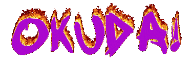 purple text that says the name okuda with flames in the background.